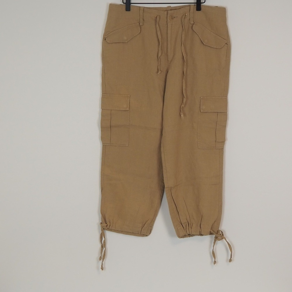 Lauren Ralph Lauren Linen Cargo Pants Women's Sz 12 Drawstring Slouchy Khaki